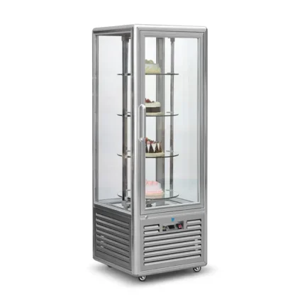 cake display with rolling shelves